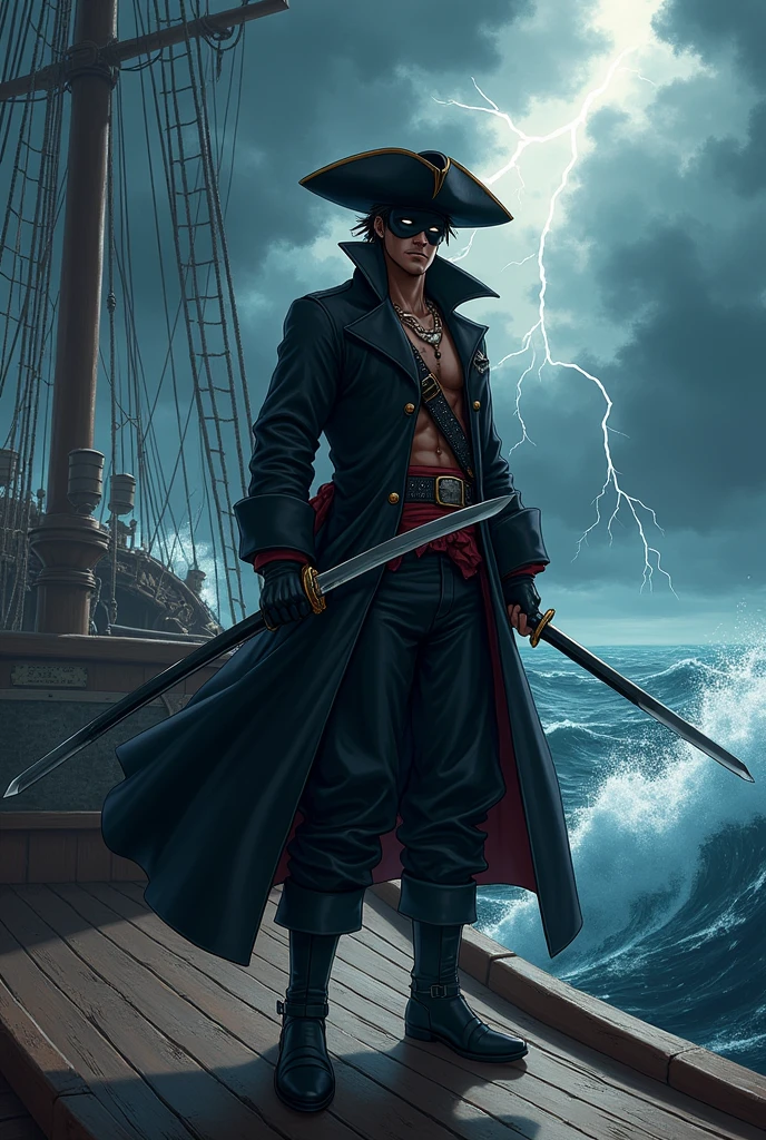 an anime pirate with 2 katanas, a black hat a black mask and a black overcoat