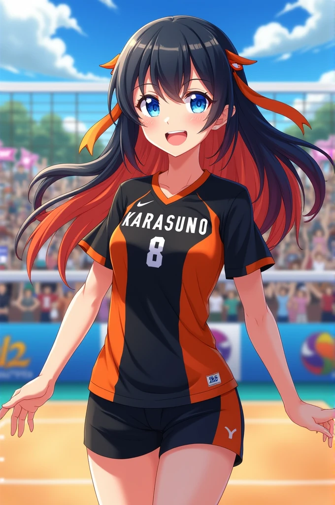 A girl wearing the Karasuno jersey, with black and orange hair, blue eyes like crystals, on a court, and happy.