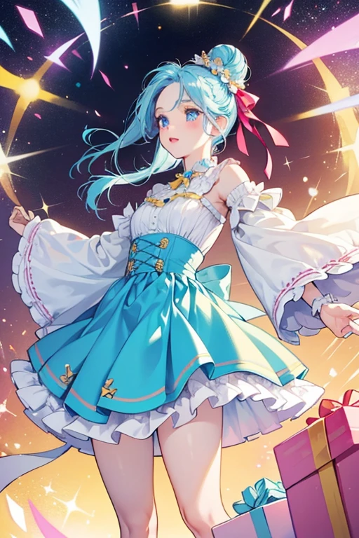 Pretti Pressie has fair skin with light blue eyes, a very faint blush and eye-shadow, and pale pink lipstick. Her azure hair is waist length an straightened with glittery tinsel strewn through it, and she has a portion of hair tied into a bow-shaped bun on the right of her head. She wears a yellow headband with cherry and yellow wrapped presents and ornaments. Her pale yellow top has a n azure heart at the middle with white and mauve streamers and a white wing-like collar and sleeves. Her skirt is in two puffed layers, one partially sticking up, both with a colorful azure, pale yellow, white, and cherry block, stripe, and ribbon pattern. On the back is a velvet mauve ribbon, and she has yellow and cherry shoes with a decorative bow at the middle, worn with frilly white socks. SPARKLE; GLITTER