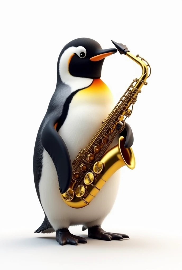 Penguin drawn on a white background holding a saxophone with its flippers