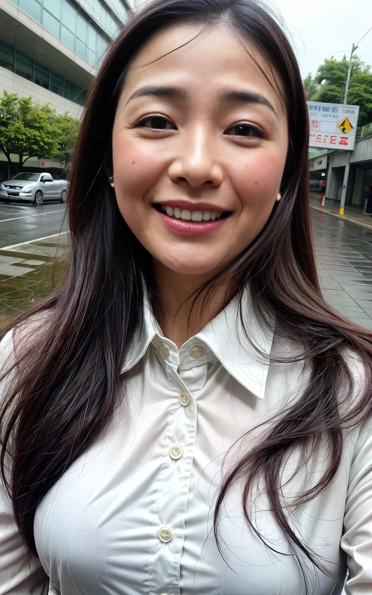 (masterpiece, Highest quality), One girl, Beautiful office lady, Very wet, soaked from heavy rain, Long black hair, Straight hair, White blouse, ((face close up:1.2)), saggy big breasts:0.3, joy expression, Street Background, Detailed Scene, Reflective Puddle, Dark Clouds, heavy rain, realistic rain effect), downpour
