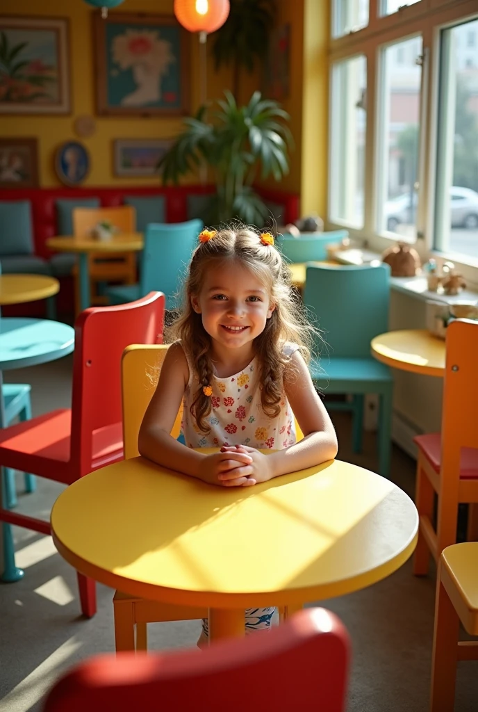 A girl sits alone at a table, smiling, with a backdrop of colorful furniture. The camera is at a bird's-eye or zenith angle, showing the girl and the table from the side, so the perspective is diagonal. The scene is vibrant and cheerful, with a focus on the girl's happy expression and the bright colors of the surroundings