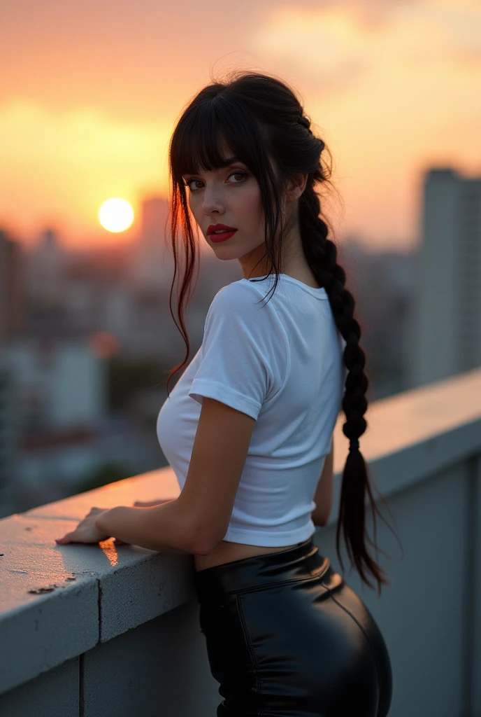 Yuliia Levchenko, 1girl, solo, braid, looking at viewer, leather skirt, white tshirt, long hair, traditional media, signature, bangs, makeup, black hair, upper body, lipstick, short hair, background city,leaning on the rooftop railing, arching her back, sunset