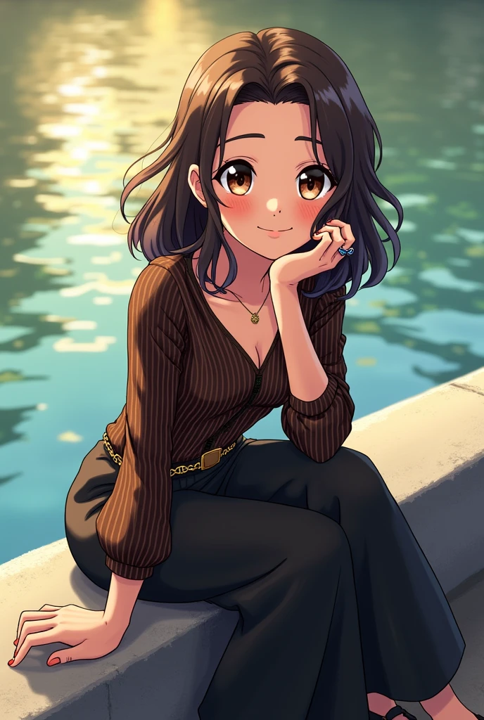 I am a medium height person with 2A wavy hair, styled in a layered way. I like to part it on the left. I have well-defined eyebrows and a well-shaped mouth. My eyes are dark brown. My face is well-defined and I have a black mole on the left side near my nose and mouth. My eyelashes are long. I wear a yellow necklace with a small round pendant with the letter S. I'm not very strong, I'm thin and have white skin. I wear a medium-sized silver steel bracelet with the letter K repeated around it on my thin right hand with long fingers. I wear a blue owl eye ring and a gold wedding band on the other hand. I wear a long-sleeved blouse with a medium V-neck, striped in black and brown. My pants are black palazzo pants with a yellow chain in the front and pockets on the side. I'm wearing black ballet flats. I'm facing forward, smiling, with my hand on my cheek, sitting on a concrete railing near the river in the late afternoon. Please draw me with anime-style features. My ears are normal, and I don't have bangs. I want the same image generated, but without the bracelets now. I also want you to make my face look more mature in this same generated image.