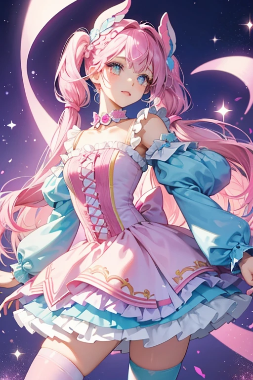 Pretti's makeup is the same and her hair is half azure and half pink, worn in braided twin-tails with a large, two-layer pastel purple bow on her head. Her white dress has a hot pink and light blue heart design on the chest and pink collar and sleeves. Her skirt is covered in hot pink, light blue, and pink dots of various sizes, and she wears purple and pink shoes resembling her original pair, and light blue tights. SPARKLE; GLITTER