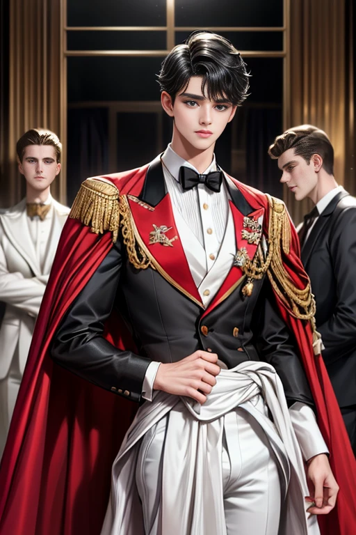 
masterpiece, 最high quality, high quality, 1 boy, alone, Male focus, Watching the audience,  Messy black hair, Adorable big blue eyes, White, Noble, Noble,A sexy, voluminous, puffy cape、tuxedo、A very voluminous, large, very large, very large, long, long red and black cape with a high stand-up collar, made of a lot of fabric that reaches down to the floor., ,Cute beautiful boys,Cute, cute, kind, handsome guy