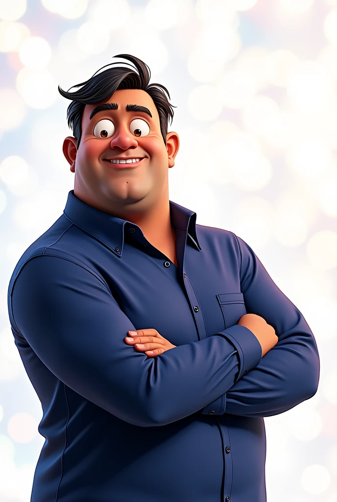 Cartoon character of a dark-skinned man, with very little black hair, age 45, 15 blue shirts, an animated character, stylized character, animation style rendering, 3d stylized, Arnold Maya rendering, Stylized 3D rendering, toon render screenshot, 3d character, 3d character, Stylized 3D rendering, 3D character rendering, cartoon character, Personagem de close up, character posing, (Pixar-style) (master part:1.2) (bokeh) (best qualityer) (skin detailed) (detailed texture) (8k) (Argilla) (cinematic lighting) (sharp focus