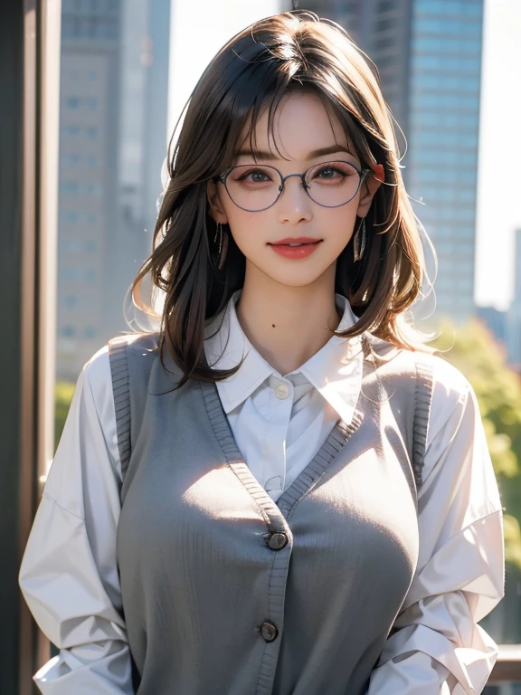 best quality, photorealistic, 8k, ((high res)), ((face shot)), 1 secretary lady, matured female, ((wearing, white collared sleeved shirt, gray vest, a ribbon, glasses)), bow, photo, realistic, best quality, hires, detailed face, office, buildings from window, detailed background, diffused sunlight, depth of field,(annoyed:0.75), gigantic breasts, cleavages,