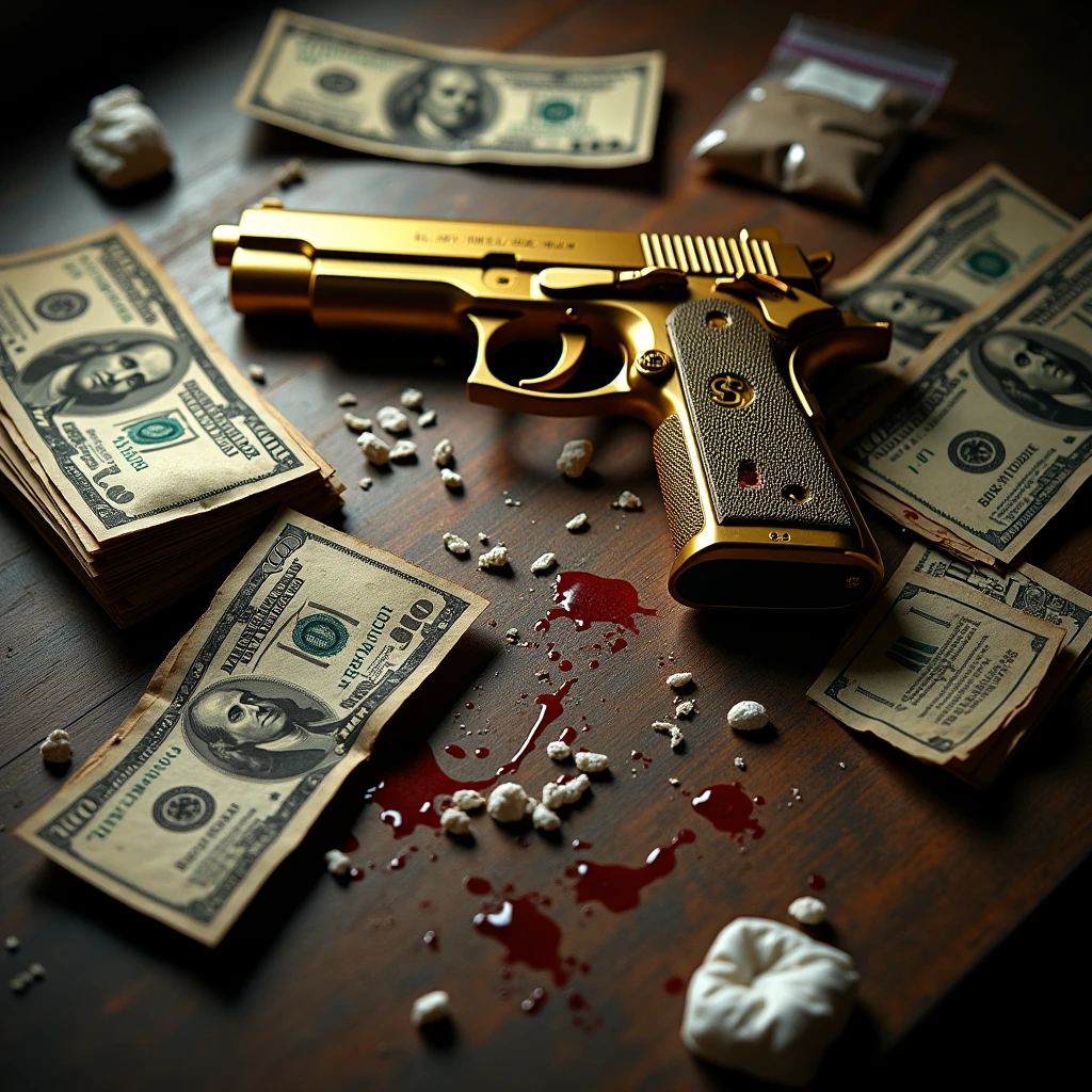 Grunge table flat lay top view, with dollars (a few dents or tears), a golden desert eagle, several lines of cocaine, small ripped drug bags. Blood splattered across the scene (some blood under a few dollar bills).
