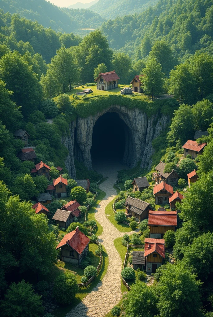 Map, bird eyes view, large town, forest, cave in middle