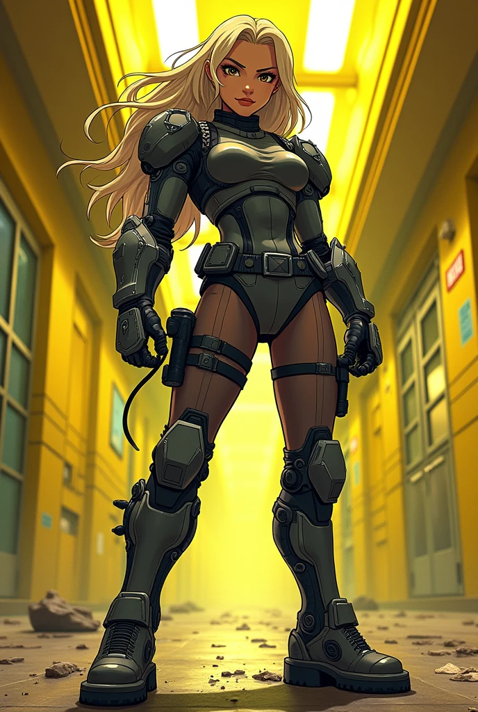a strong meg backrooms soldier wearing gauntlets drawn in anime style
