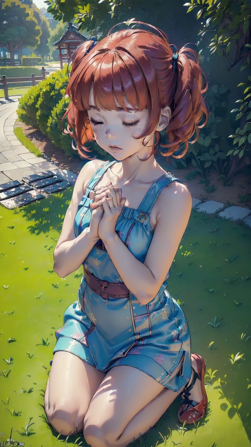 ((top quality, ultra-detailed, high resolution, extremely detailed CG, unity 8k wallpaper, by famous artist, perfect anatomy, super detailed skin, cinematic lighting, UHD, retina, anatomically correct, 1080P)), (Please draw a single one girl praying to God in a japanese park1.3), ((1girl)), (Solo, face,13-year-old:2.0), a junior high school student, ((cute petit girl, chibi, babyface)) androgynous charm, (Medium hair, ((full red hair)) ((redhead)), pigtails, straight bangs, with a bow in her hair, ((very thin legs)), ((skinny legs, thin body, small build)), Full limbs, complete fingers, ((perfect fingers and hands)), flat chest, small breasts, childish body, small butt, groin, Beautiful detailed full yellow gold eyes, perfect eyes, ((cute kawaii blue and pink dress)) (Detailed Lighting), ((japanese park background)), (Detailed scenary background), (praying to God)), full body view, Cute, kawaii single girl (one girl), full body shot, ((little young 13 years old body:1.3)), ((kneeling with eyes closed and hands as a sign of prayers:1.3)), ((long skirt)), ((shoes)), ((hands praying)), ((five fingers for each hand:1.3)), ((red hair girl:1.3)), ((straight bangs:1.3)), ((inocent tender girl:1.3))