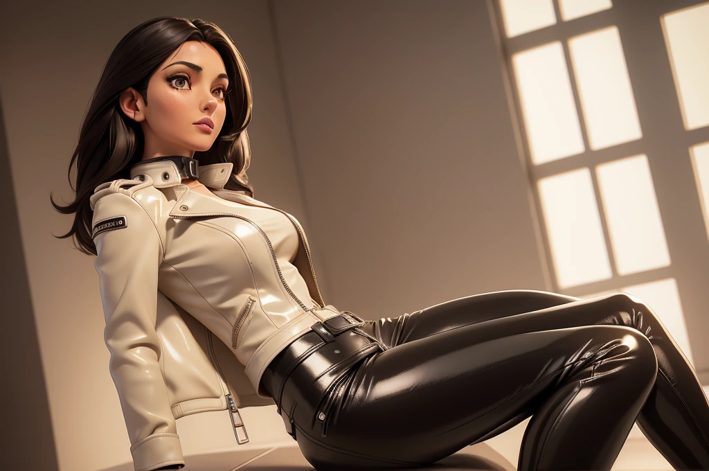 obra prima, melhor qualidade, ((only one woman,)) ((monica bellucci, dark tan skin, straight hair,)) erect cone tits, ((wearing shiny cream leather biker moto jacket,)) ((jacket has padded shoulders, jacket has stiff high collar,)) (((wearing shiny cream leather pants,))) (((pants unzipped showing pussy,))) body is very skinny, ((sitting back, legs spread,)) ((camera front view of body,)) shallow depth of field, highres, HD, 8k, anatomically correct