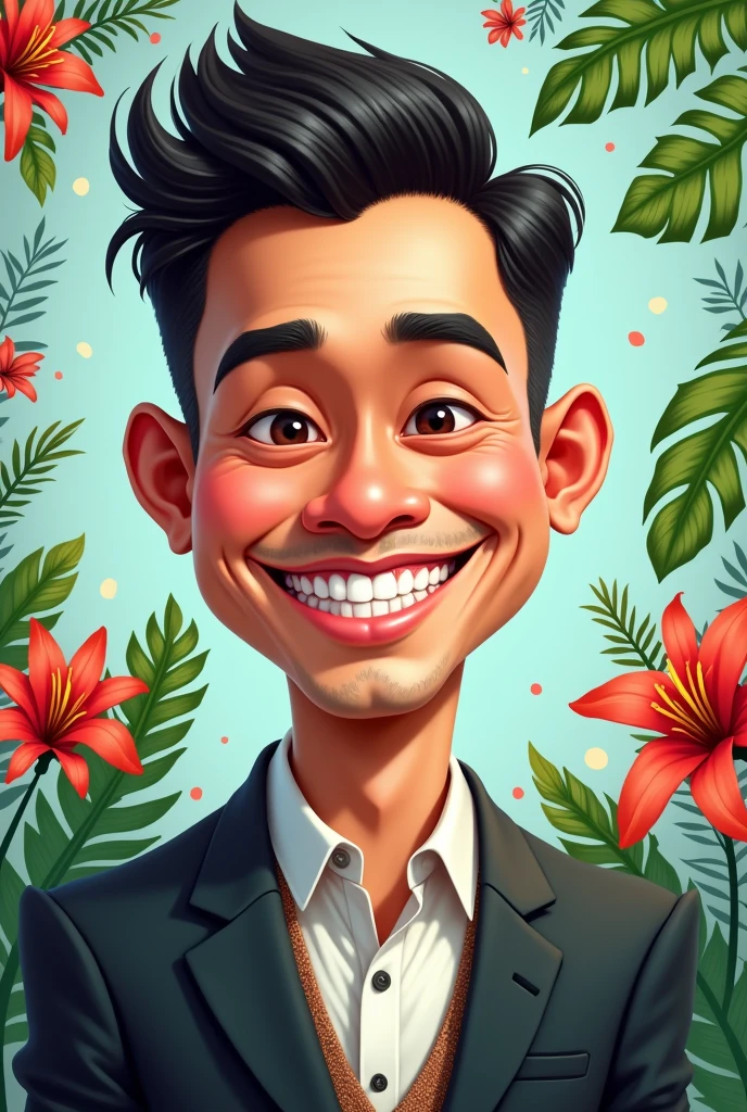 4D caricature of an Indonesian man, 33 years old, with a clean face, neat hair, wearing a suit, not tall big