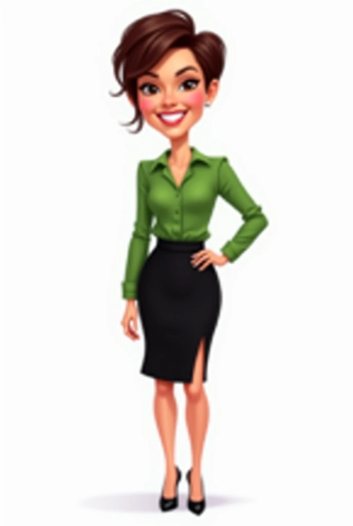 Generate a realistic, cartoon-style digital caricature of a medium-sized woman with short hair, a long-sleeved green blouse, and a black stick skirt, wearing black high-heeled shoes. The cartoon style, highlighting facial expressions in a happy and vibrant way. The posture should be confident, with one hand on the waist, maintaining simplicity and the white background to give focus to the character.