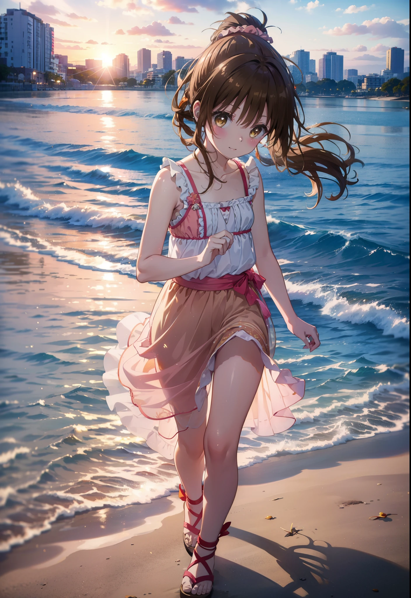 Yuki mandarin orange, (Brown eyes:1.5), Brown Hair, hair ornaments, hair Scrunchie, Long Hair, pink Scrunchie, Scrunchie,ponytail, (Flat Chest:1.2),smile,blush,Open your mouth,Sleeveless dress,Long skirt,Cute heeled sandals,Walking,morning陽,morning,The sun is rising,So that the whole body goes into the illustration,
Destroy outdoors, Coastal Road,
壊す looking at viewer,Destroy the whole body (masterpiece:1.2), Highest quality, High resolution, unity 8k wallpaper, (figure:0.8), (Beautiful attention to detail:1.6), Highly detailed face, Perfect lighting, Highly detailed CG, (Perfect hands, Perfect Anatomy),
