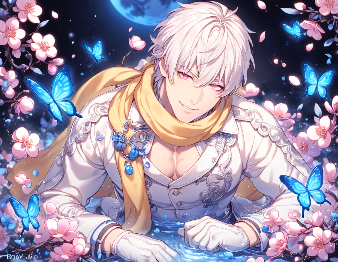absurdres, highres, ultra detailed, HDR, master piece, best quality, extremely detailed, Clear, white hair, expressive pink eyes, Dramatical Murder, solo, sexy man, handsome, handsome smile, manly man, sensual, horny, white coat, white shirt, yellow scarf, white gloves, fantasy, magical, blue moon, blue flowers, blue butterflies, blue petals, blossoms, water
