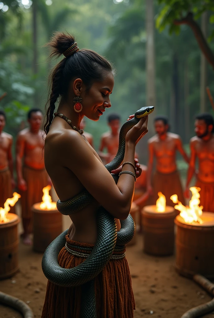 Magnificent detail, 8K Photos, hyper- realism, realistic background, visual depth, wide angle lens, all-body, 1 beautiful woman indigenous tupi guarani naked, covering the private parts with a snake. standing. barebody. Facial expression seduction, seducing smile. captivating stare. Indigenous facial painting. plume on head. Amazonian Brazil setting. brazilian forest. Spectacular beauty. Snake 4 meters. Woman holding the snake's head with her hand near her face. Woman looking at the snake's eye. Woman facing forward, looking at the photo. Snake coiled around the woman's body. Woman with a thin waist and a big butt. The woman is in the center of a circle formed by indigenous men, doing a ritual with fire and musical instruments