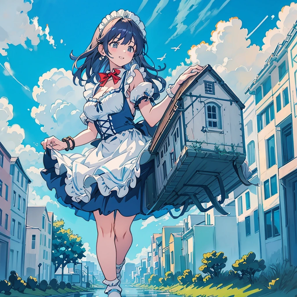 Composition seen from below - Blue sky with swirling clouds - Masterpiece - Back Anime-style delicate painting 4K 90's Giant Multiple girls Crowd Big city Crowd Many people ((A girl dressed as a giant maid walking in the valley of the city)), Maid outfit, Big breasts, White socks, wristwatch, black hair, smile, female giant girl whole body Crowd Unreal Engine, cleavage, drawing, earrings, long hair, cute drawing, beauty, analog style, whole body, sneakers