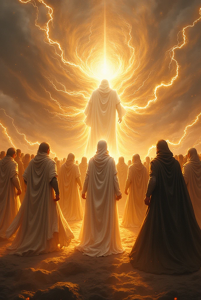 Make an army of men in gold and white robes with energy powers  , fighting against dark beings in black robes with antimatter powers 