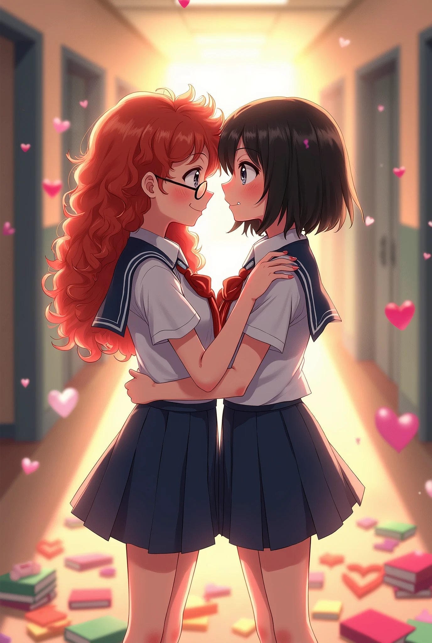 create an image with two teenage girls wearing school uniforms, they are embracing romantically, one has curly red hair, glasses and is blushing and smiling, the ither girl is looking at her lovingly but slightly annoyed, she has black layered wispy hair and has a nose piercing, they are surrounded by books and hearts