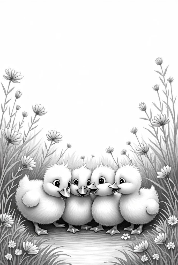 A black and white drawing of very cute baby ducklings with big eyes and a highly detailed background and clear sky as if they were cartoon characters.