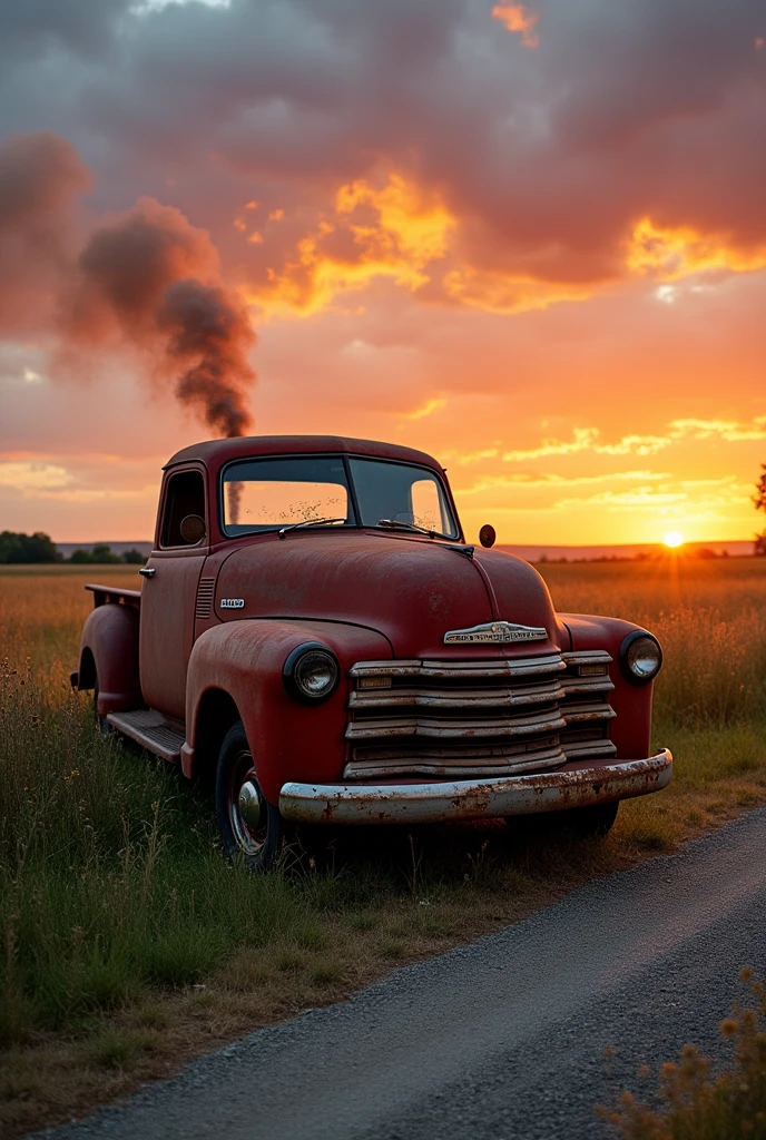 An old pickup truck with smoke coming out of the windows