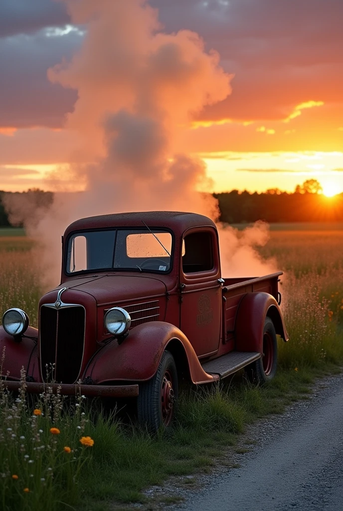 An old pickup truck with smoke coming out of the windows