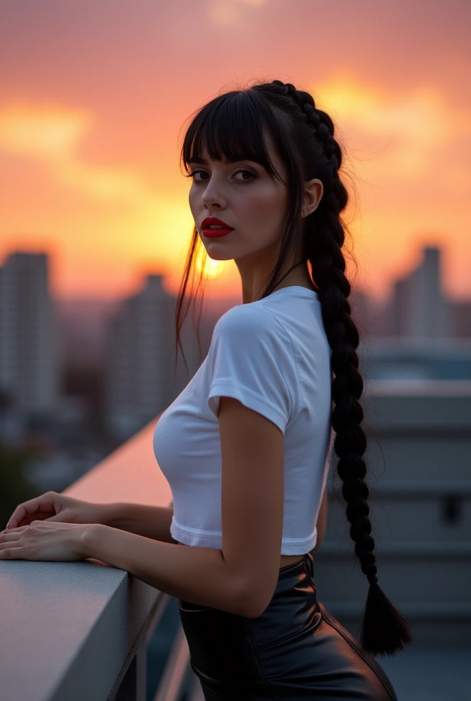 paulina seikola, 1girl, solo, braid, looking at viewer, leather skirt, white tshirt, long hair, traditional media, signature, bangs, makeup, black hair, upper body, lipstick, short hair, background city,leaning on the rooftop railing, arching her back, sunset