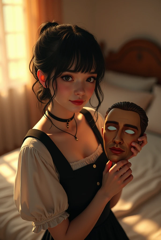 (photorealism:1.2), shoot from the upper angle, inside apartment, bed in the background, golden hour, beautiful woman, freckles on face, pale white skin, jet black hair, ponytail without bangs, short ponytail, black eyes, black milkmaid dress, warm color, cheerful face, youthful face, holding Konig from COD mask.