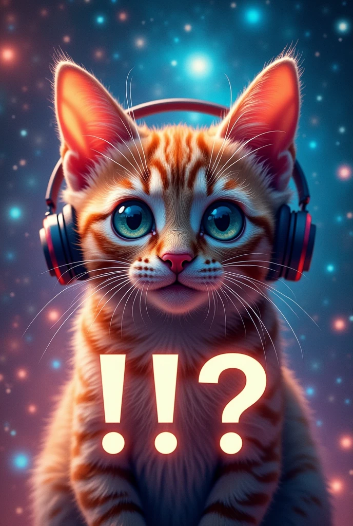 Cat face close up, Space in the background (Beautiful shining stars and galaxies), Space Cat, big "!?" on the screen is written in big letters on the screen,Cat ear, earphone, smile, 