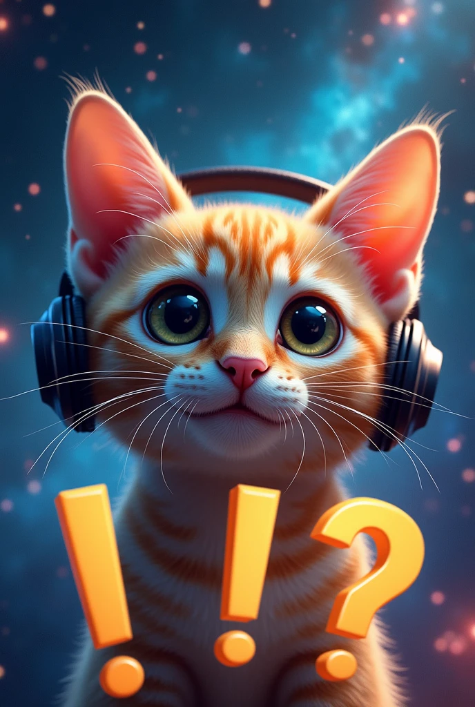 Cat face close up, Space in the background (Beautiful shining stars and galaxies), Space Cat, big "!?" on the screen is written in big letters on the screen,Cat ear, earphone, smile, 