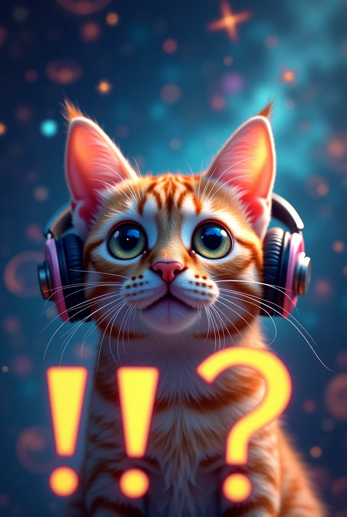 Cat face close up, Space in the background (Beautiful shining stars and galaxies), Space Cat, big "!?" on the screen is written in big letters on the screen,Cat ear, earphone, smile,