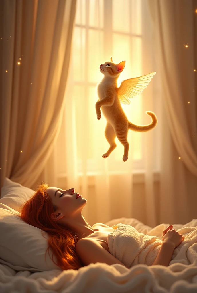 Realistic image of a woman with long red hair in her bedroom lying on the bed receiving a visit from the heavens from her yellow cat who has already passed away. The cat is male, slender and yellow, yellow eyes and is flying with angel wings like in a dream inside the room.