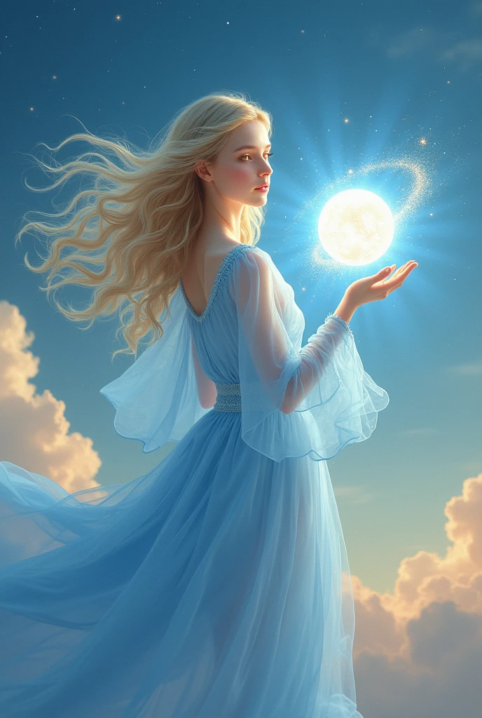 A blonde girl with yellow eyes in a sky blue dress floats an illuminated white sphere of power over her hands