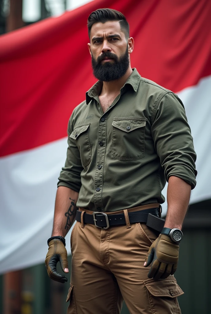 a masculine Jewish man in front of indonesia flag, wearing industrial outfit