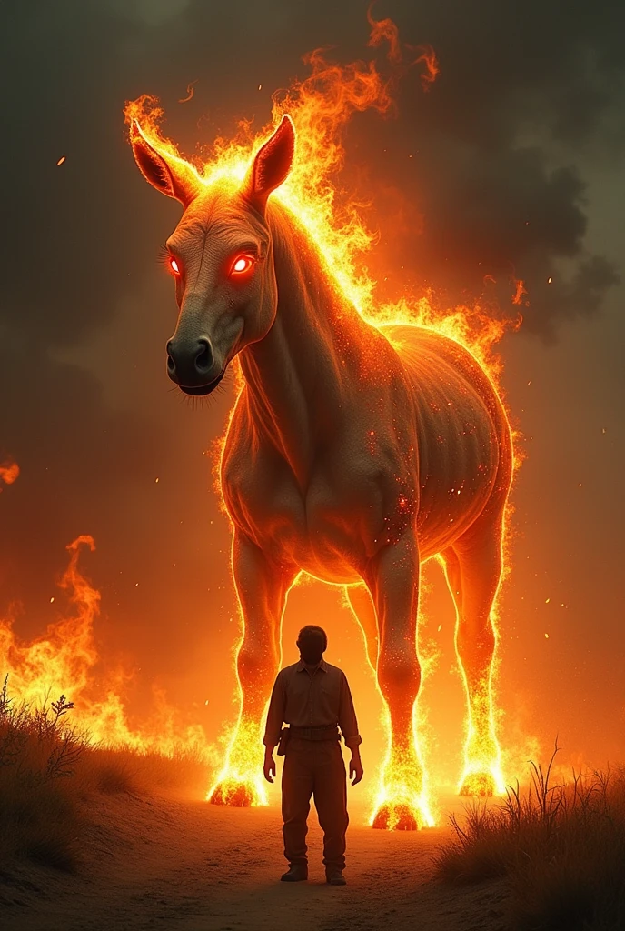 Description: "A terrifying figure, The headless mule, but with a flaming head and bright eyes, appears in the path of João. The creature has its body covered in flames and paws that raise sparks when they touch the ground. João is standing in front of the Mule, With an expression of terror, while the surrounding scenery is illuminated by flames, revealing the fear on the man's face and the menacing presence of the creature."