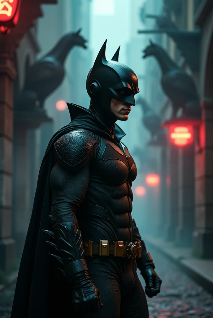 robin, Batman's Acolyte, gothic style with a modified leather motorcycle helmet as a mask