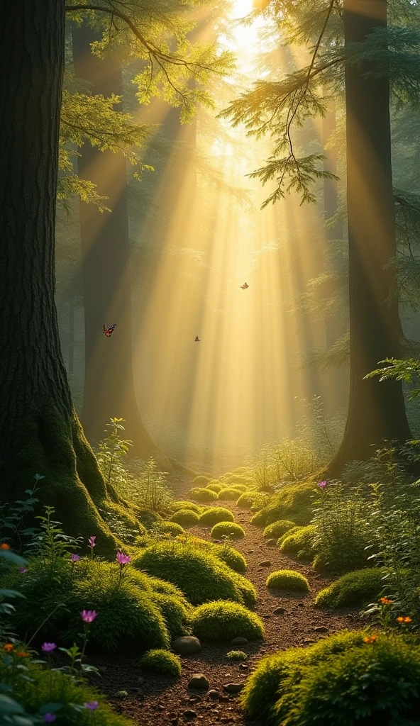 Sunbeams filtering through the trees, representing divine illumination.