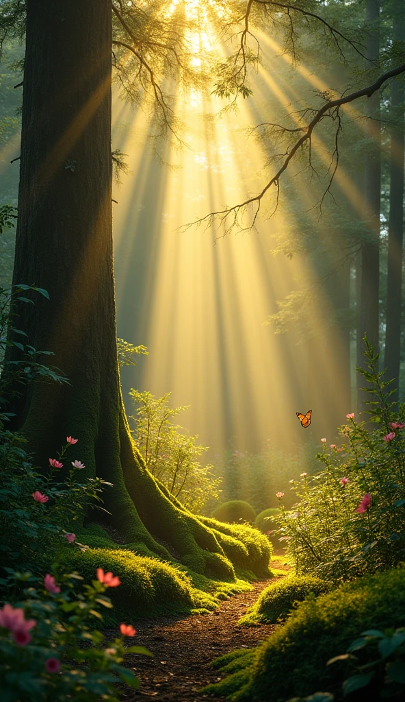 Sunbeams filtering through the trees, representing divine illumination.