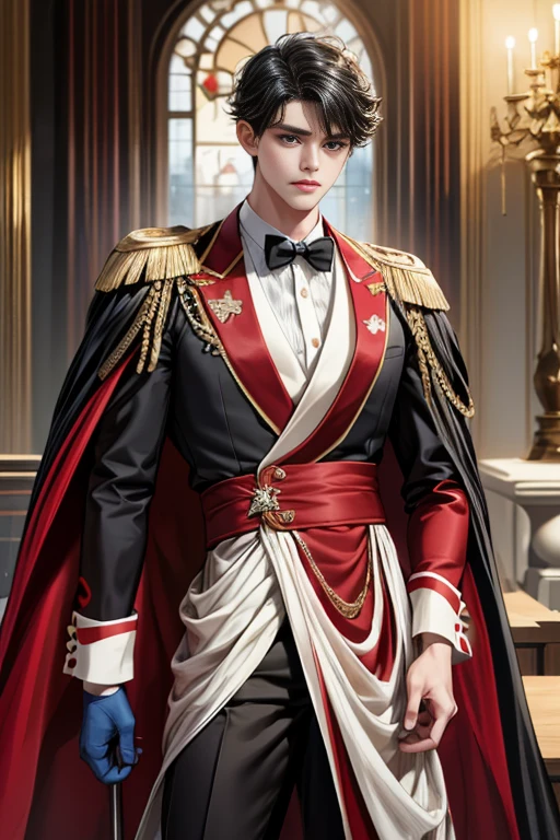 
masterpiece, 最high quality, high quality, 1 boy, alone, Male focus, Watching the audience,  Messy black hair, Adorable big blue eyes, White, Noble, Noble,A black and red cape that is bursting with sexy volume、Tuxedo、A very voluminous, large, very large, very large, long, long red and black cape with a high stand-up collar, made of a lot of fabric that reaches down to the floor., ,Cute beautiful boys,Cute, cute, kind, handsome guy