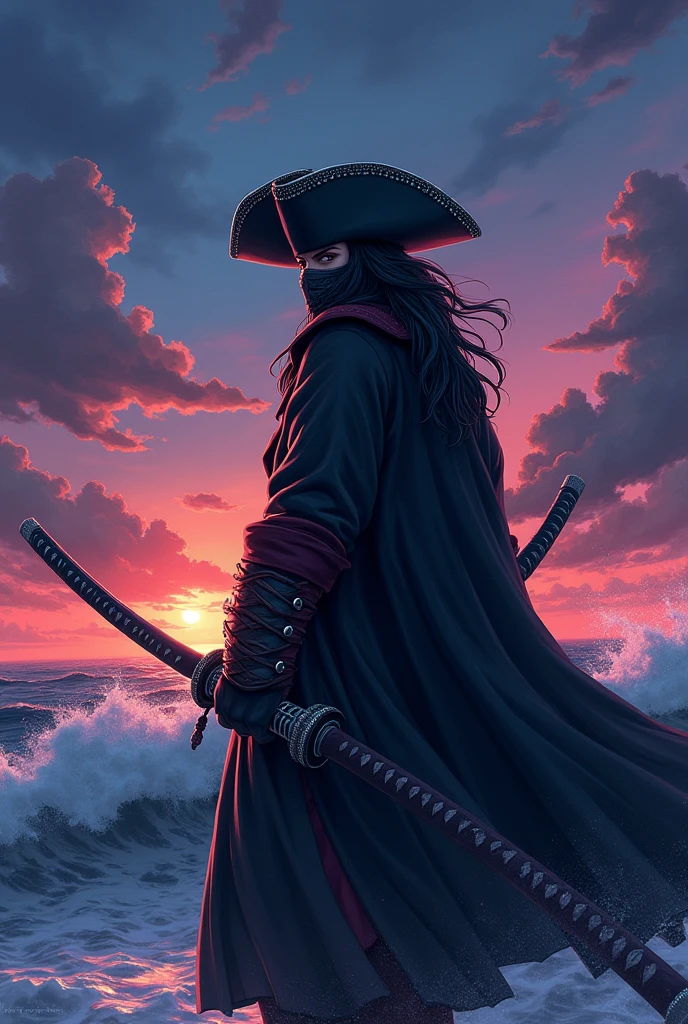 an anime pirate with 2 katanas, a black hat, a mask covering the black mouth, and a black overcoat
