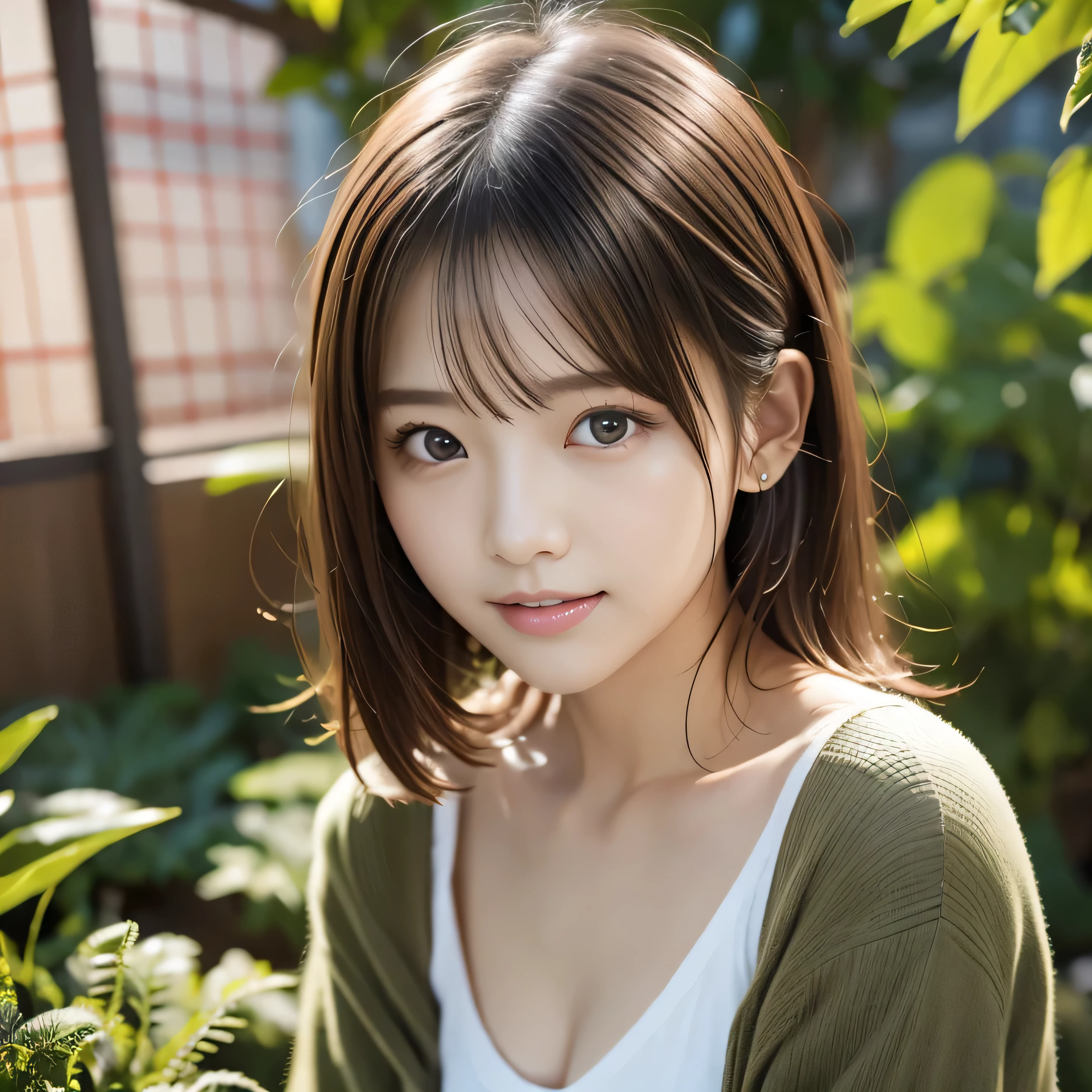 ((Highest quality))、(masterpiece:1.4)、RAW Photos、8k、((Best image quality))、 ((High resolution))、Beautiful face in every detail、Realistic people&#39;s skin、Gentle expression、(One people:1.4, One peopleの女性:1.3 )、Realistic、(Medium Hair:1.4, bionde:1.3)、(Beautiful woman)、(Cute Japanese:1.3)、(B cup bust:1.3、Balanced style:1.2)、((mannish))、((Beautiful woman))、(Beautiful Hair)、(Show your forehead)、(((Part my hair in the middle)))、(Her eyes are big:1.3)、20 year old beauty、(Her face is small:1.3 )、Small Head、(Long neck:1.3)、necklace、((botanical garden))、(T-shirts)、((A lot of houseplants))、(Touching a leaf with your hand:1.3)、((Expressions of ecstasy))、(Dynamism:1.3)、(Larger clothes)、 1people,(Wearing a rider's jacket:1.2),Very beautiful Japan idols、Beautiful detailed,very detailed eyes and face,Beautiful and sophisticated nose,Beautiful and beautiful eyes,Cinema Lighting,(Simple light color background:1.3)、Complete Anatomy、Slender body,Small breasts、｛Hair tied up｝、｛sit cross-legged｝、Tilt your head、Model body type、１people、Japanese people women、美しいJapanese people women、Ultra detailed face,、Captivating smile、cute、White skin、Fair skinの美しい肌、Brown eyes、Beautiful symmetrical face、Small face、Age 25、 Beautiful small breasts、Skin between real people、Perfect figure、Perfect anatomical figure、whole body photos、Detailed and realistic people bodies、Detailed and realistic skin、Realistic face in every detail、Detailed and realistic eyes、Detailed and realistic lips、Detailed and realistic teeth、Detailed and realistic ears、Detailed and realistic hair、Beautiful Hands、Realistic feet down to the last detail、Realistic breasts down to the last detail、Realistic areola down to the last detail、Realistic nipples down to the last detail、Realistic female genitalia down to the smallest detail、Realistic vagina down to the last detail、Detailed and realistic clitoris、Realistic anus down to the last detail、Thick pubic hair with realistic detail、whole body、whole bodywhite skin、Fair skin、Pubic hair is thick、Thick pubic hair、 Completely naked、urination、Pleasant expression、Blushing cheeks and an ecstatic expression, Leaking urine、A sex toy is inserted into the anus、Bun Hair、Wearing sandals、｛Yukata Girls｝、Put your arms behind your back、Open your mouth、 ｛In the mysterious forest｝、Wooden table、｛surrounded with plants｝、