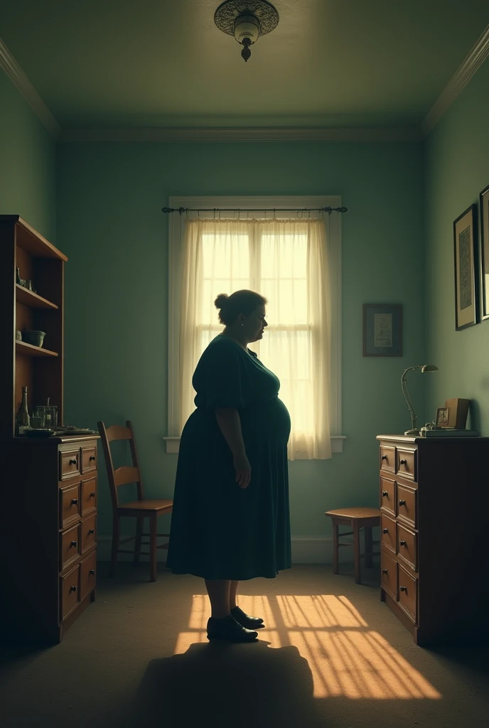 A scene of a simple and humble room, and in the foreground an image of a fat woman whose face is not visible, only the silhouette of a dark shadow in front of the scenery. This is a poster for a play.