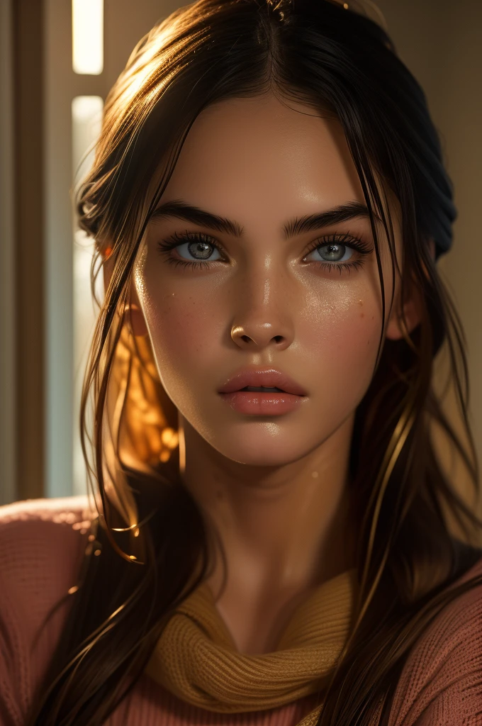 16 year old Megan Fox, ultra-detailed eyes, pink knit sweater, (bathed in golden sunlight), winter, (((masterpiece, ultra-detailed face))).