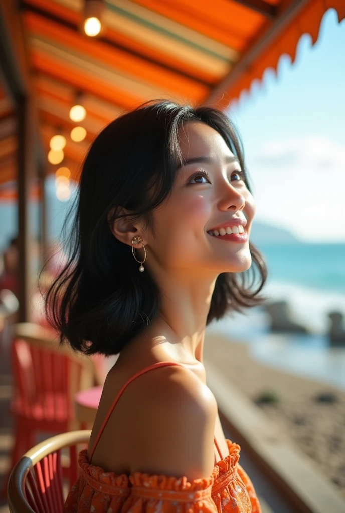 {{masterpiece, Highest quality, Highly detailed CG, unity 8k wallpaper, Cinema Lighting, }}, Sony a7, Wide Frame, Cafes along the coast、One woman, whole body,Looking up , Cleavage、Asian, Age 34, smile, Black Hair, Middle bamboo hair, Long eyelashes ,