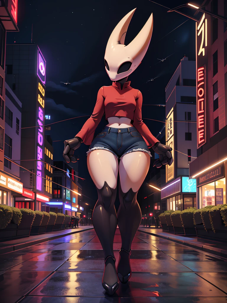 (masterpiece), ((perfect anatomy)), (high Res), (4k), hornet, ((insectoid)), ((segmented body)), ((insect body parts)), black body, (white head), 3 fingers(index, middle and thumps), flat chest, wide hips, (((red lone sleeved top))), (((tight mini shorts jeans))), walking in a city, (((solo))), narrow waist, (dark artstyle), full body