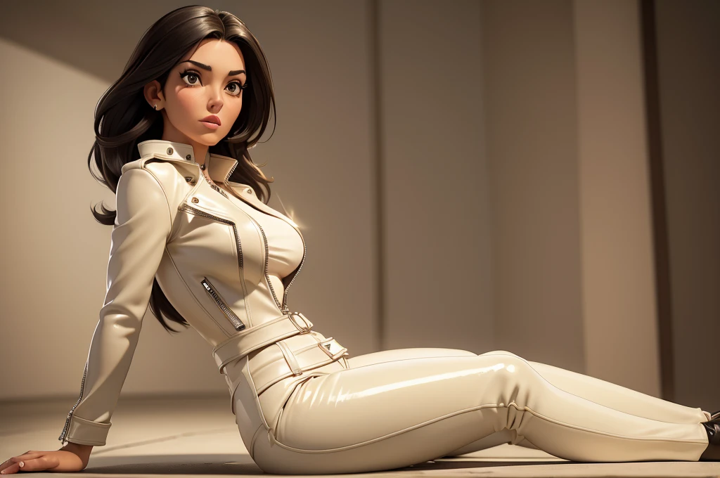 obra prima, melhor qualidade, ((only one woman,)) ((monica bellucci, dark tan skin, straight hair,)) erect cone tits, ((wearing shiny cream leather biker moto jacket,)) ((jacket has padded shoulders, jacket has stiff high collar,)) (((wearing shiny cream leather pants,))) (((pants unzipped showing pussy,))) body is very skinny, ((sitting back, legs spread,)) ((camera front view of body,)) shallow depth of field, highres, HD, 8k, anatomically correct