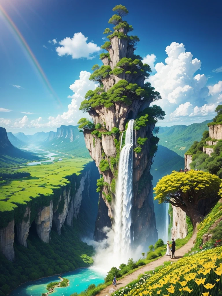 A super huge ginkgo tree stands in the middle of a super huge flower garden.,mysterious,Fantasy,Huge waterfall,Beautiful views,Great view,Clean river,Paradise,Dream world,There's a rainbow in the sky,Different world,romantic,perfection