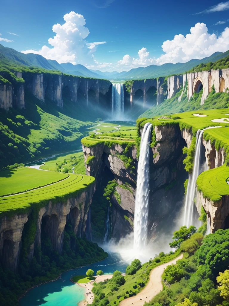 A super huge ginkgo tree stands in the middle of a super huge flower garden.,mysterious,Fantasy,Huge waterfall,Beautiful views,Great view,Clean river,Paradise,Dream world,There's a rainbow in the sky,Different world,romantic,perfection